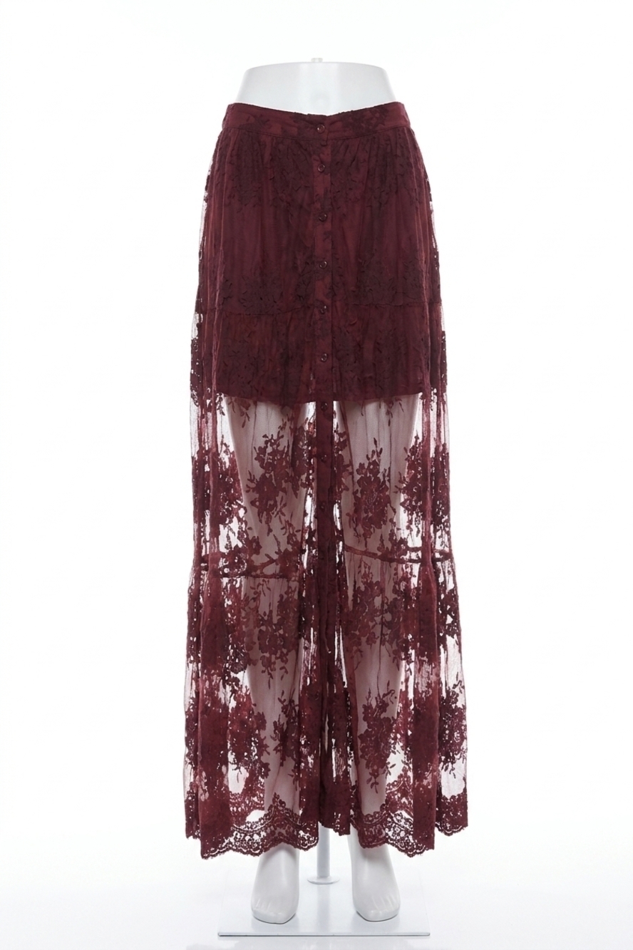 NEW LISTICLE embroidered mesh lace maxi mini skirt in burgundy